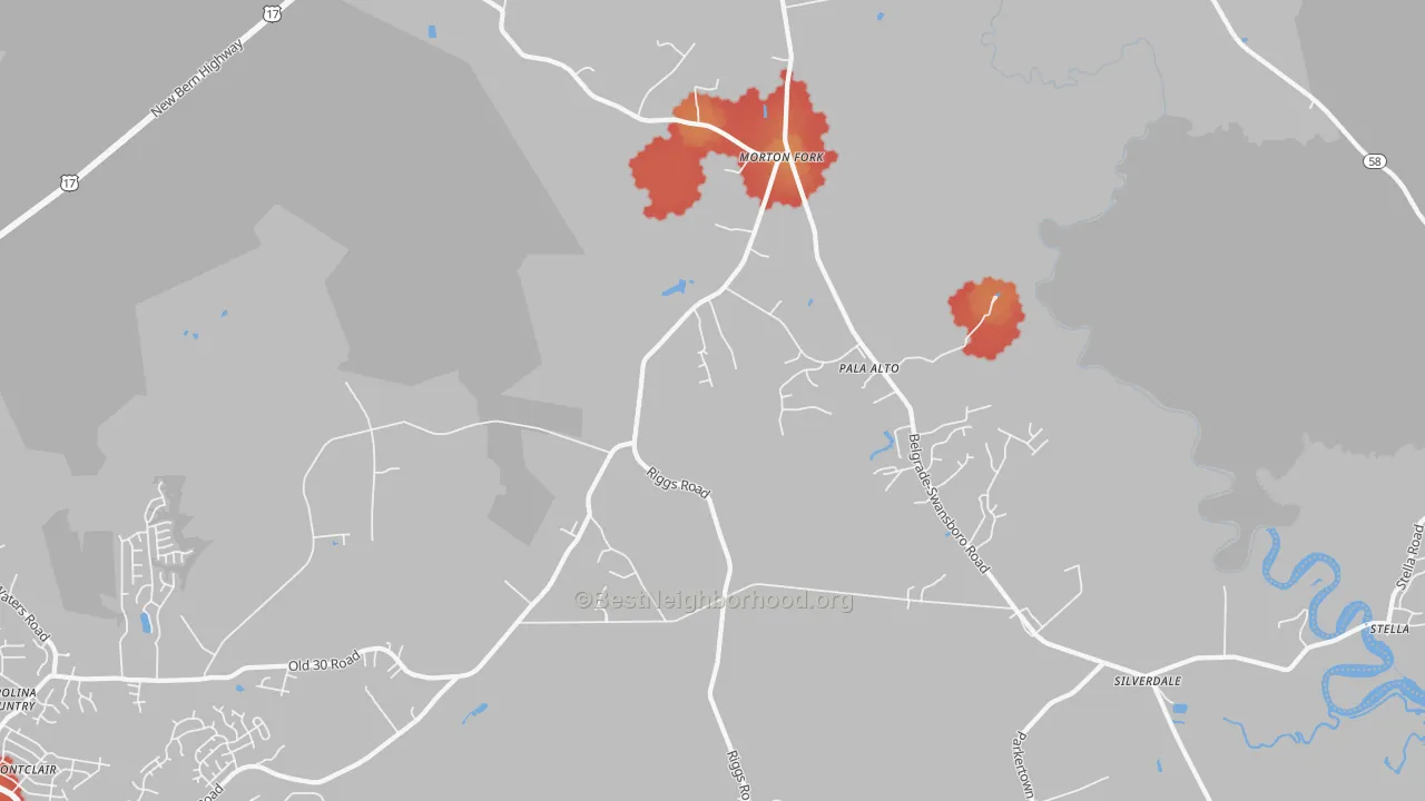 Walk Grade map of Pala Alto, NC, walkable areas in green and car-dependent areas in red