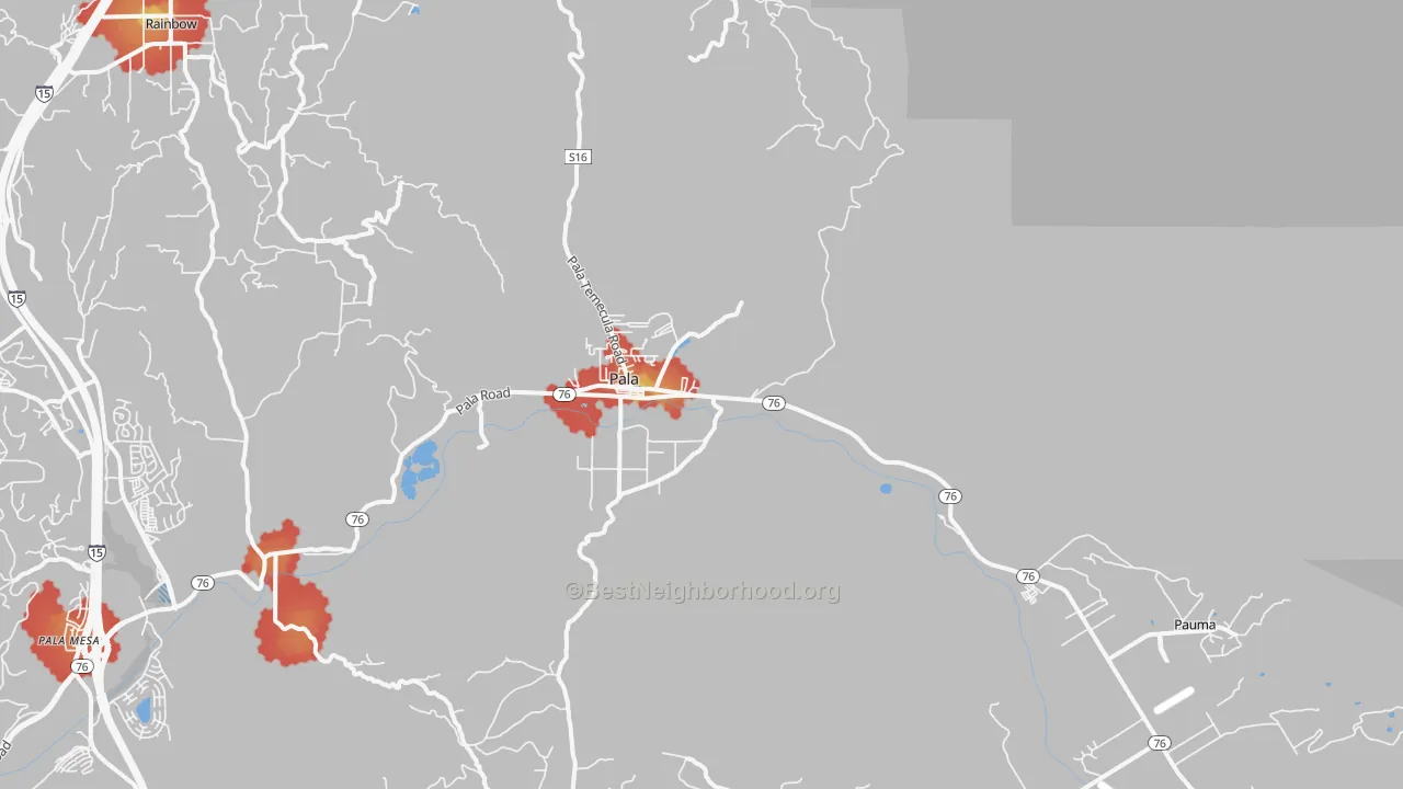 Walk Grade map of Pala, CA, walkable areas in green and car-dependent areas in red