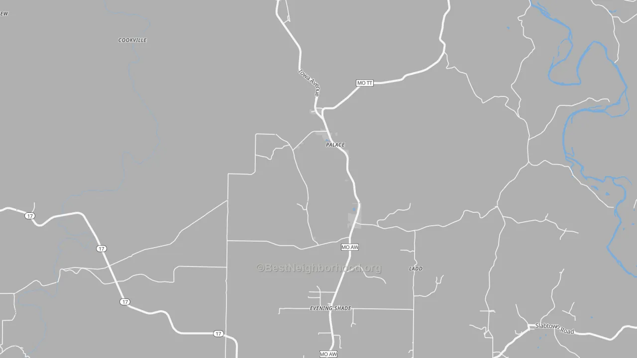 Walk Grade map of Palace, MO, walkable areas in green and car-dependent areas in red