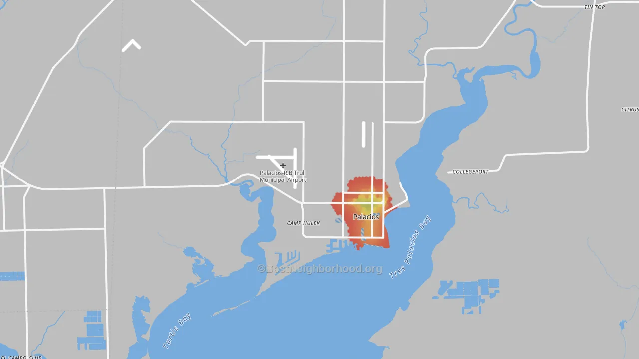Walk Grade map of Palacios, TX, walkable areas in green and car-dependent areas in red