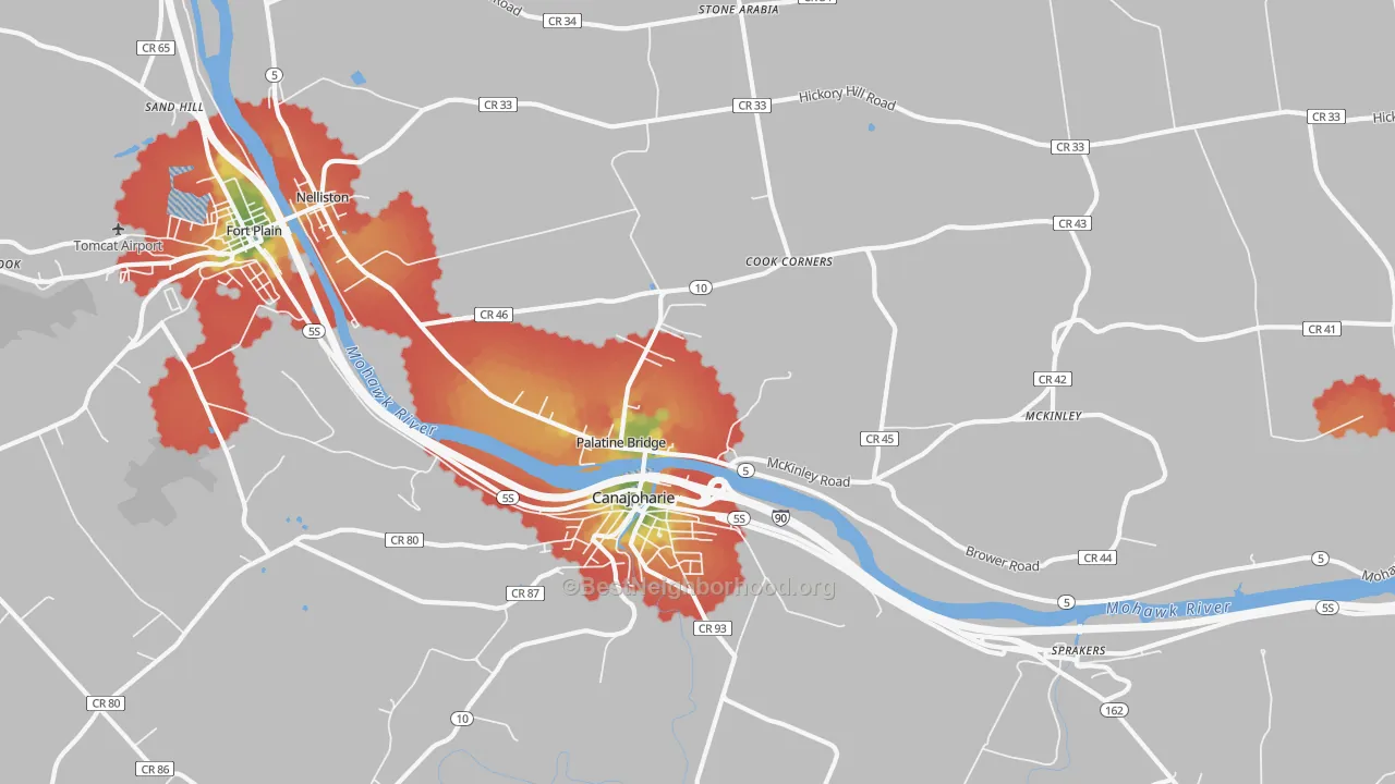 Walk Grade map of Palatine Bridge, NY, walkable areas in green and car-dependent areas in red