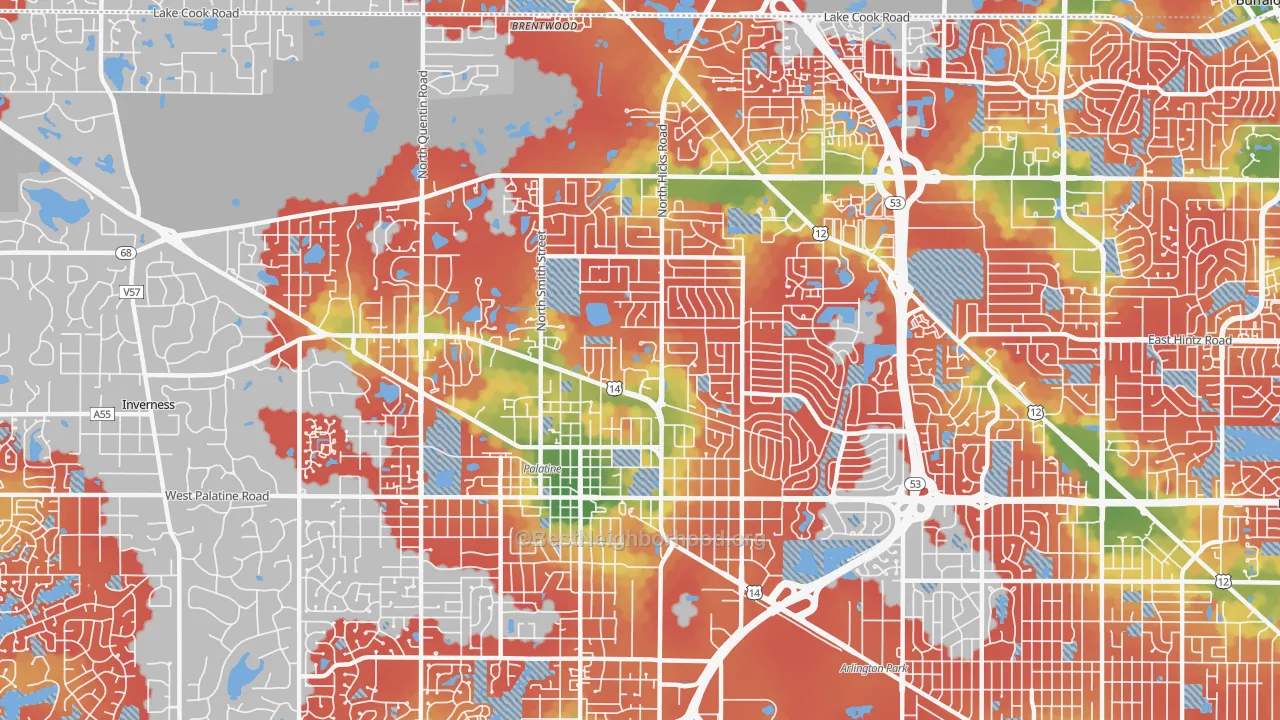 Walk Grade map of Palatine, IL, walkable areas in green and car-dependent areas in red