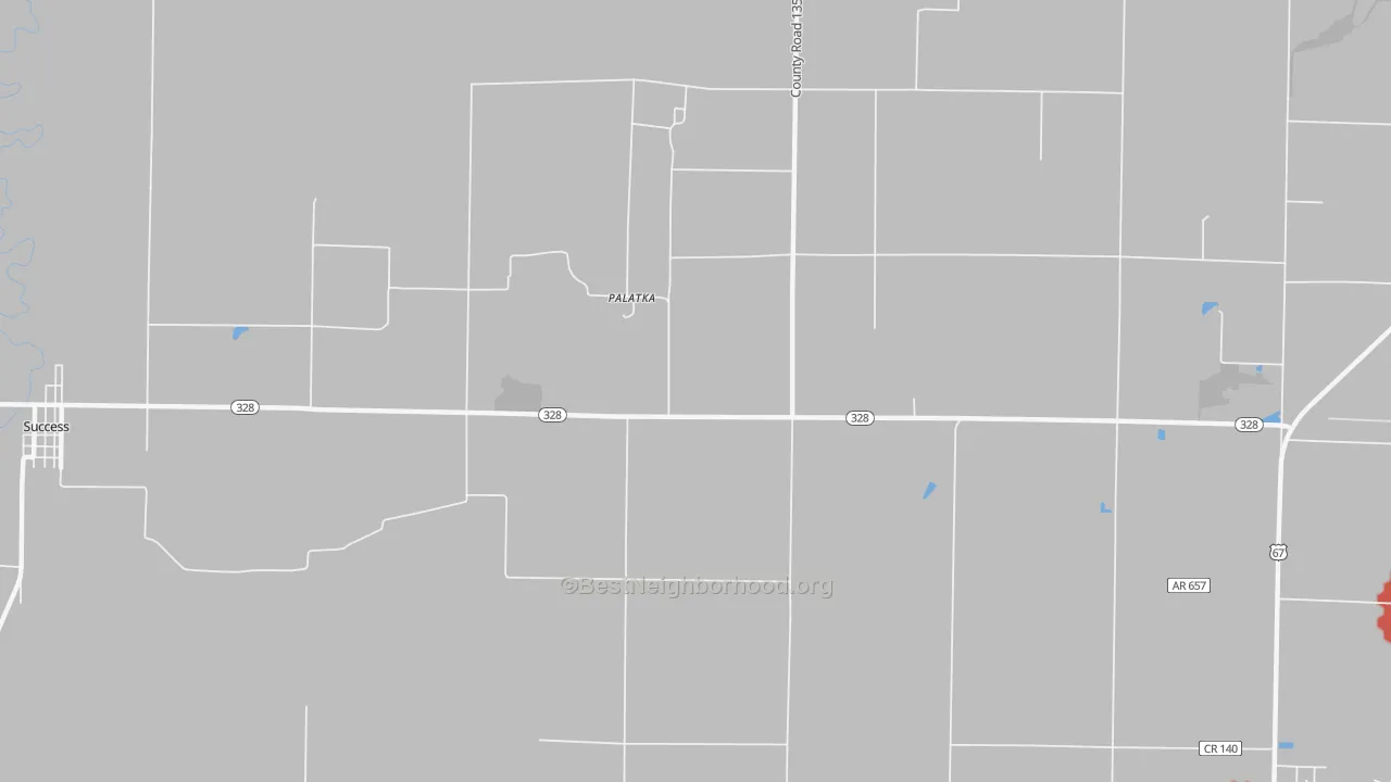 Walk Grade map of Palatka, AR, walkable areas in green and car-dependent areas in red