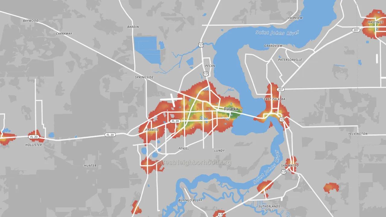 Walk Grade map of Palatka, FL, walkable areas in green and car-dependent areas in red