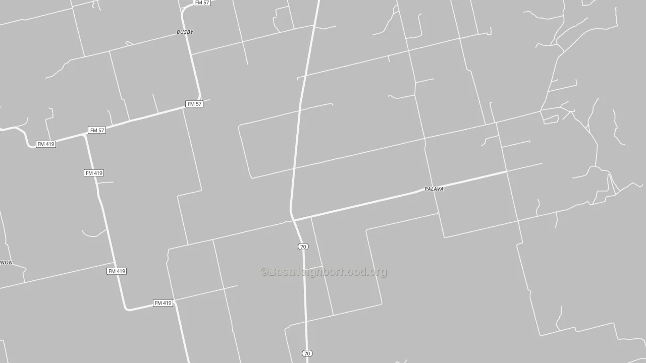 Walk Grade map of Palava, TX, walkable areas in green and car-dependent areas in red