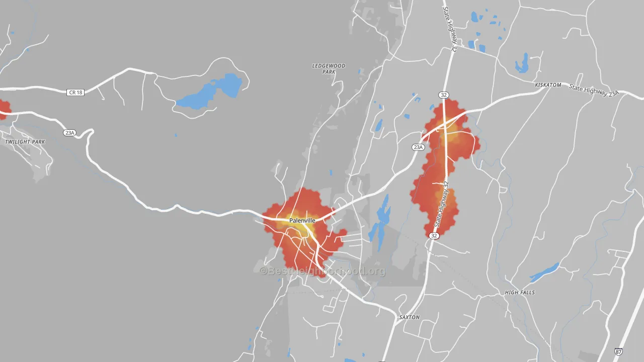 Walk Grade map of Palenville, NY, walkable areas in green and car-dependent areas in red