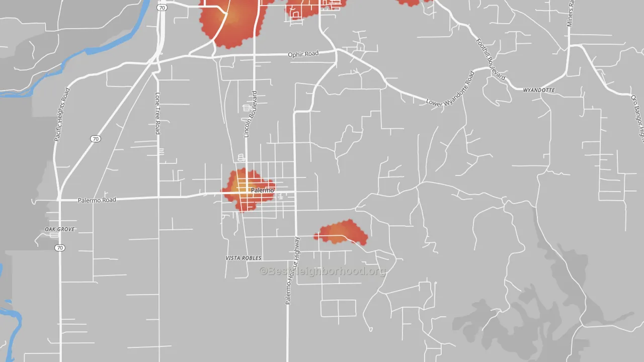 Walk Grade map of Palermo, CA, walkable areas in green and car-dependent areas in red