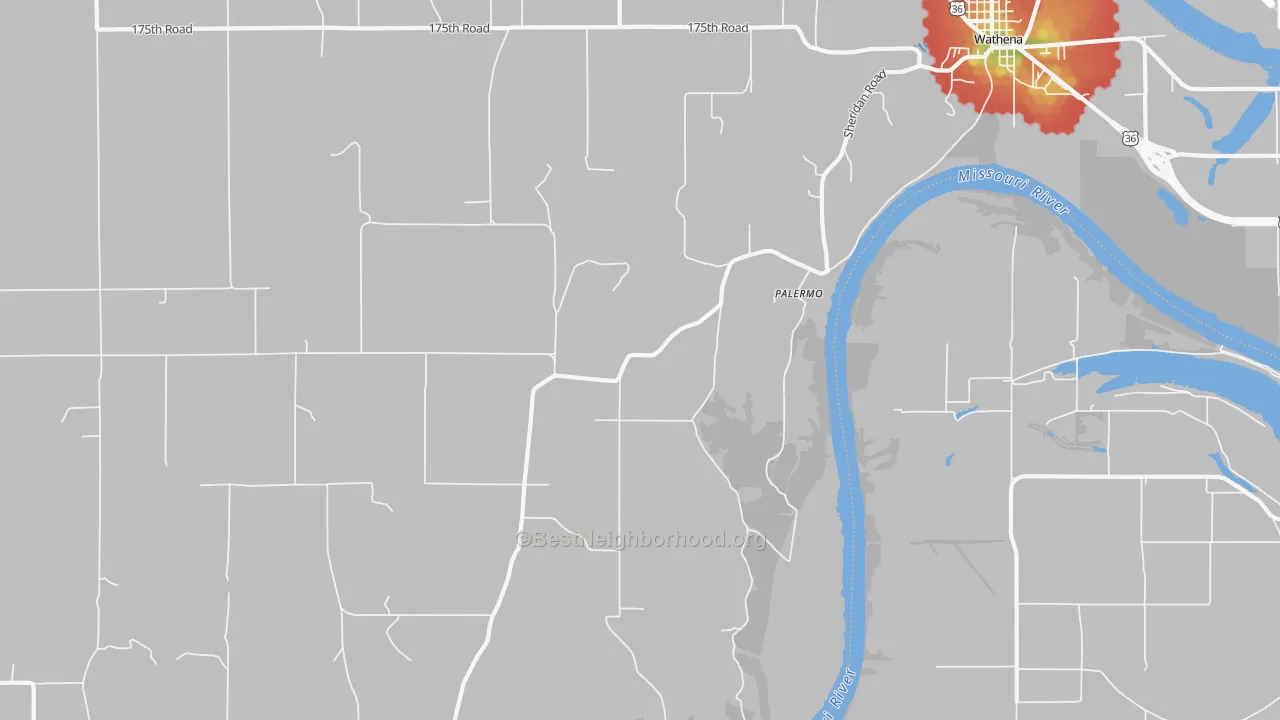 Walk Grade map of Palermo, KS, walkable areas in green and car-dependent areas in red