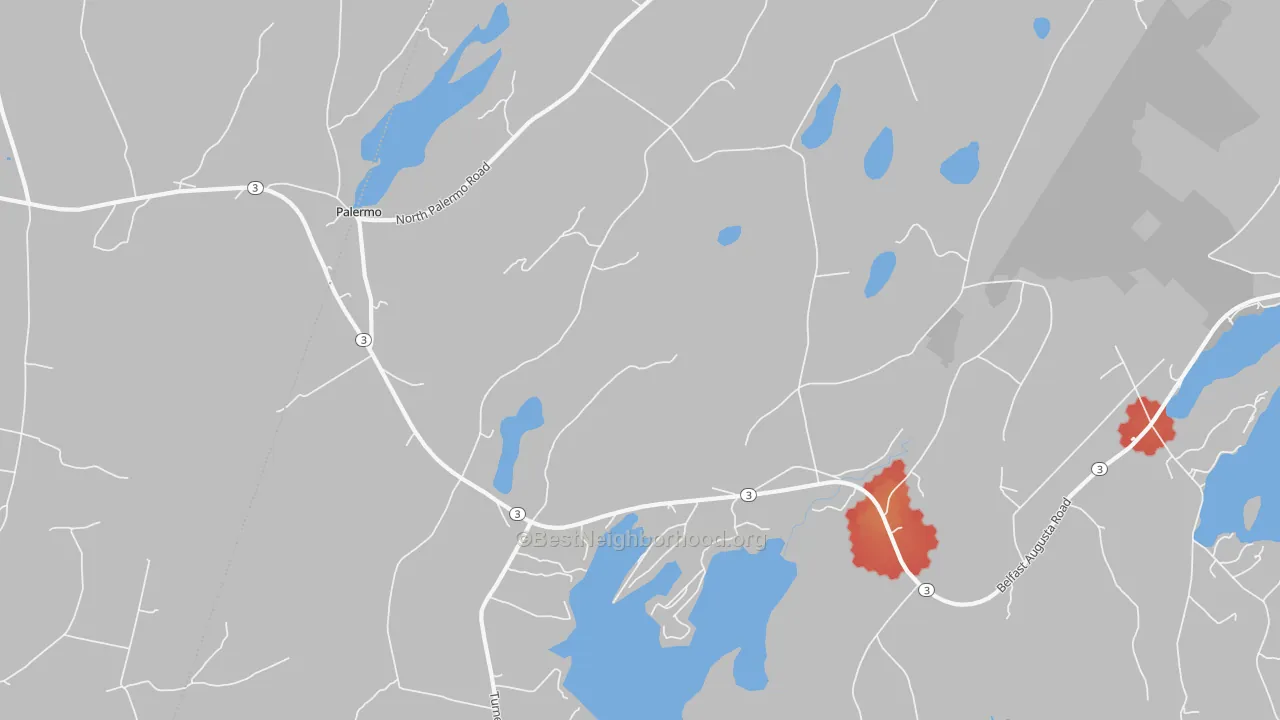 Walk Grade map of Palermo, ME, walkable areas in green and car-dependent areas in red
