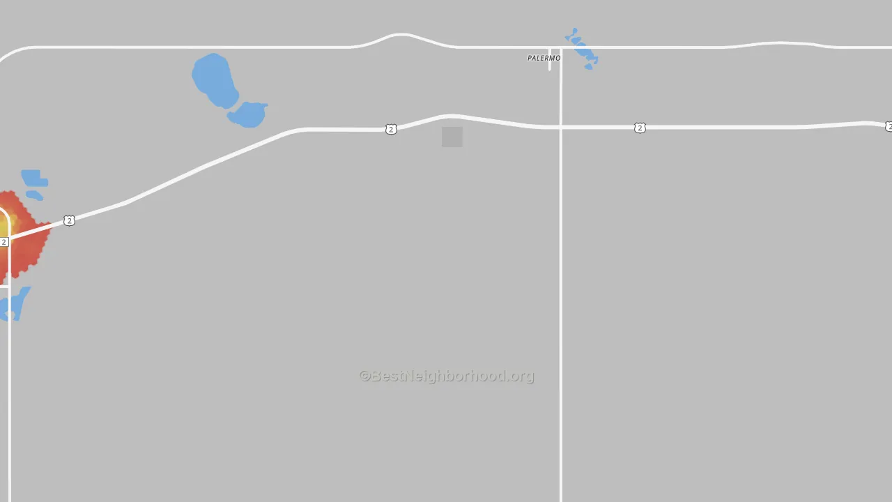 Walk Grade map of Palermo, ND, walkable areas in green and car-dependent areas in red