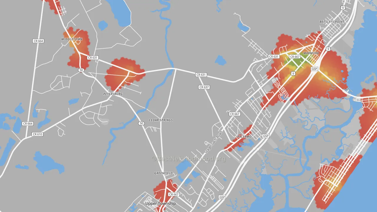 Walk Grade map of Palermo, NJ, walkable areas in green and car-dependent areas in red