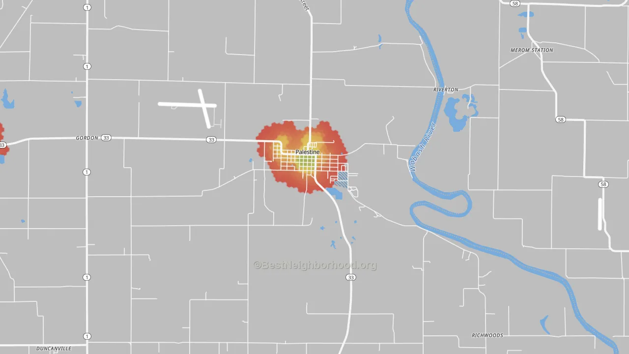 Walk Grade map of Palestine, IL, walkable areas in green and car-dependent areas in red