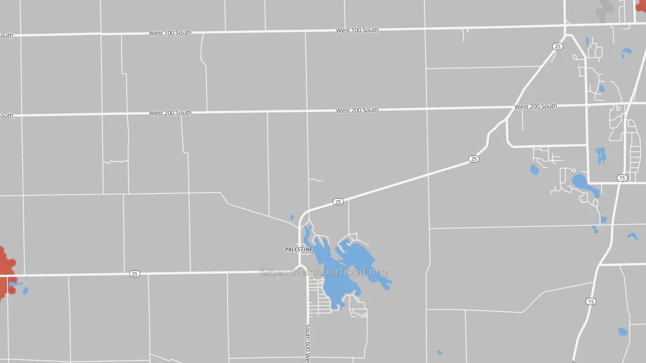 Walk Grade map of Palestine, IN, walkable areas in green and car-dependent areas in red