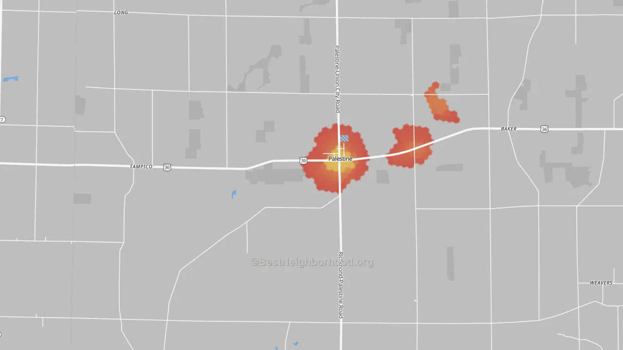 Walk Grade map of Palestine, OH, walkable areas in green and car-dependent areas in red