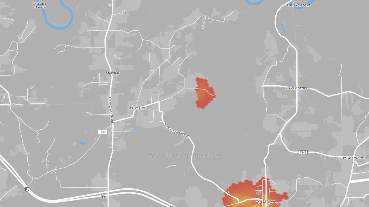 Walk Grade map of Palestine, PA, walkable areas in green and car-dependent areas in red