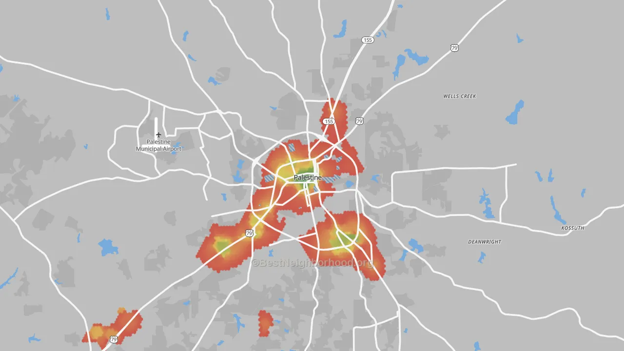Walk Grade map of Palestine, TX, walkable areas in green and car-dependent areas in red