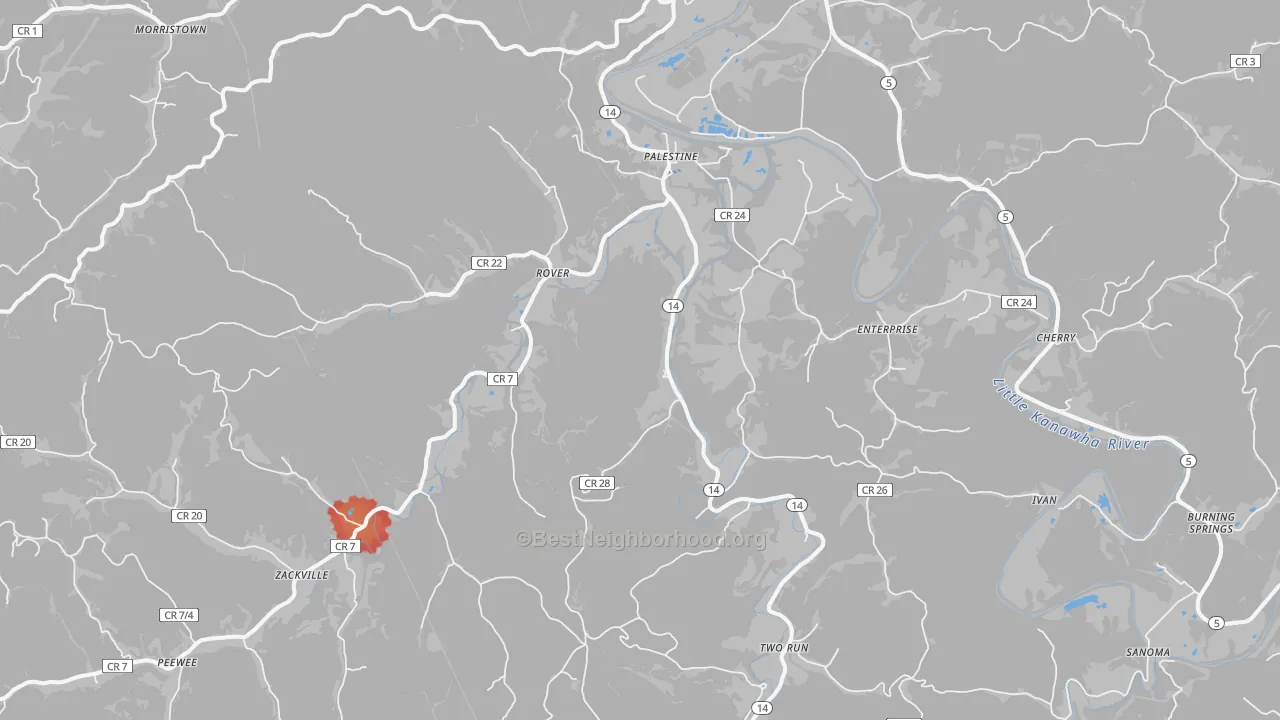 Walk Grade map of Palestine, WV, walkable areas in green and car-dependent areas in red