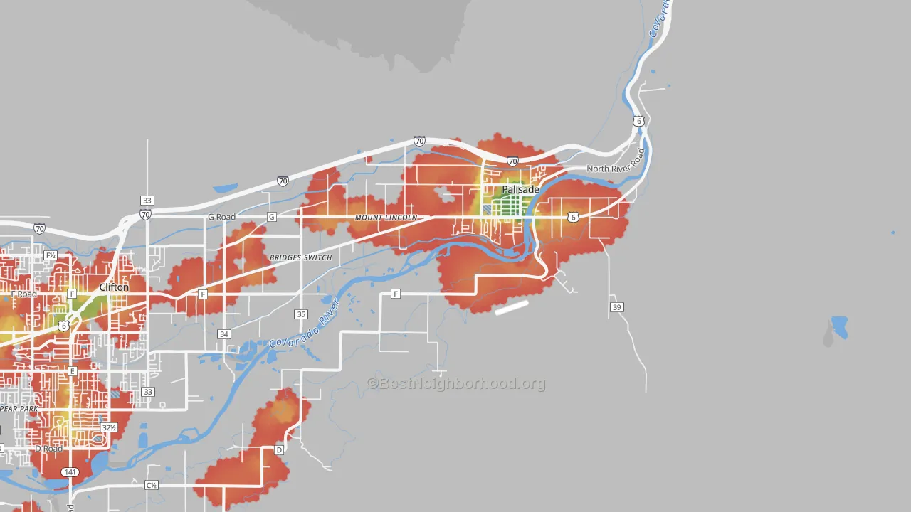 Walk Grade map of Palisade, CO, walkable areas in green and car-dependent areas in red