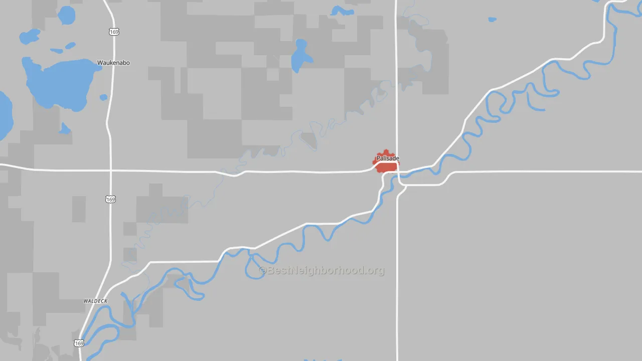 Walk Grade map of Palisade, MN, walkable areas in green and car-dependent areas in red