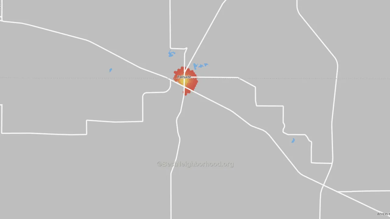 Walk Grade map of Palisade, NE, walkable areas in green and car-dependent areas in red