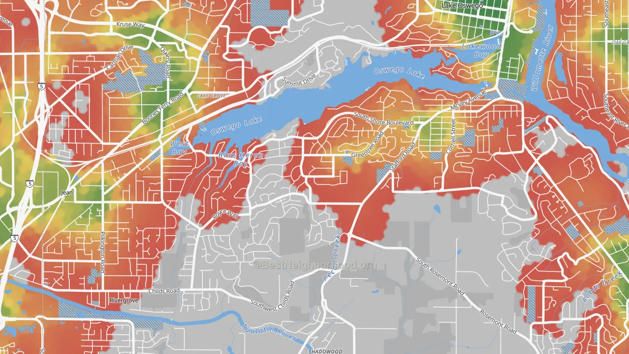 Walk Grade map of Palisades, Lake Oswego, OR, walkable areas in green and car-dependent areas in red