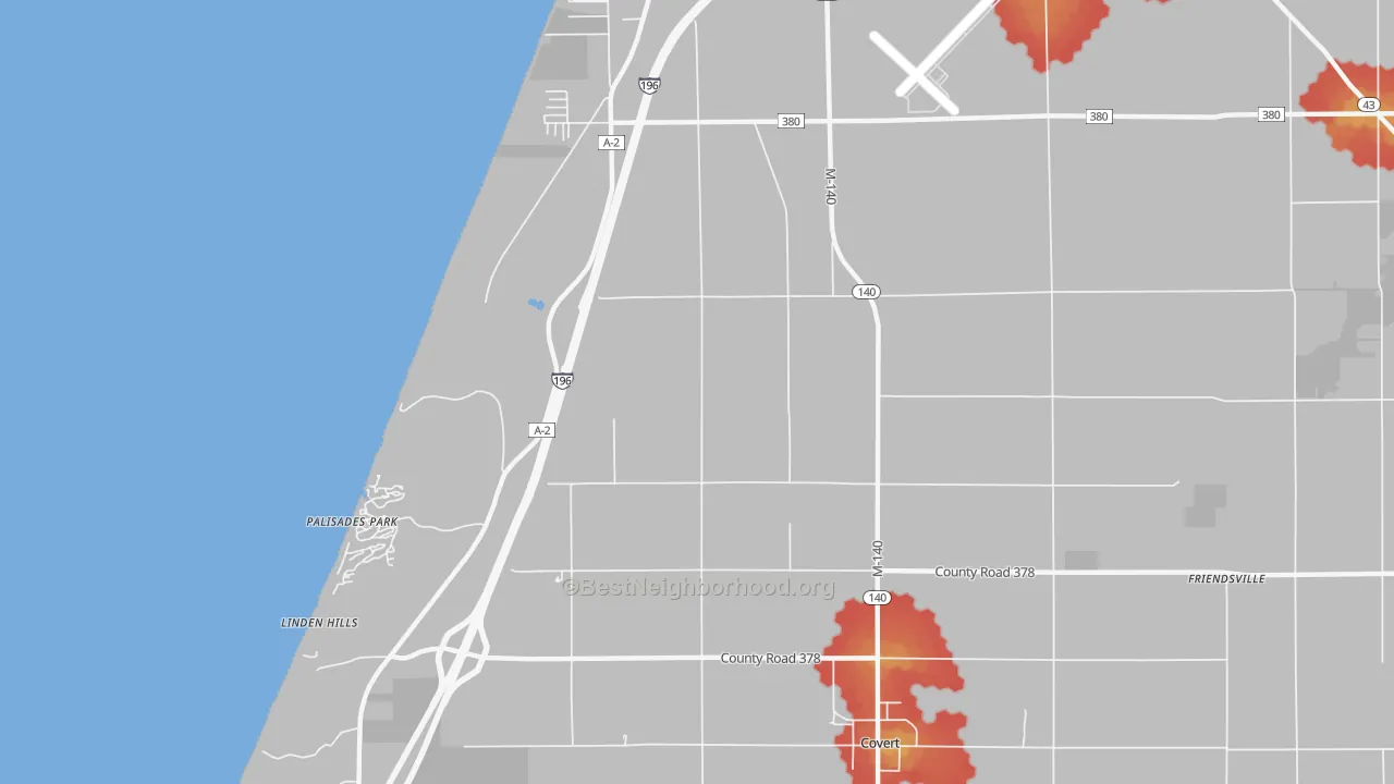 Walk Grade map of Palisades Park, MI, walkable areas in green and car-dependent areas in red