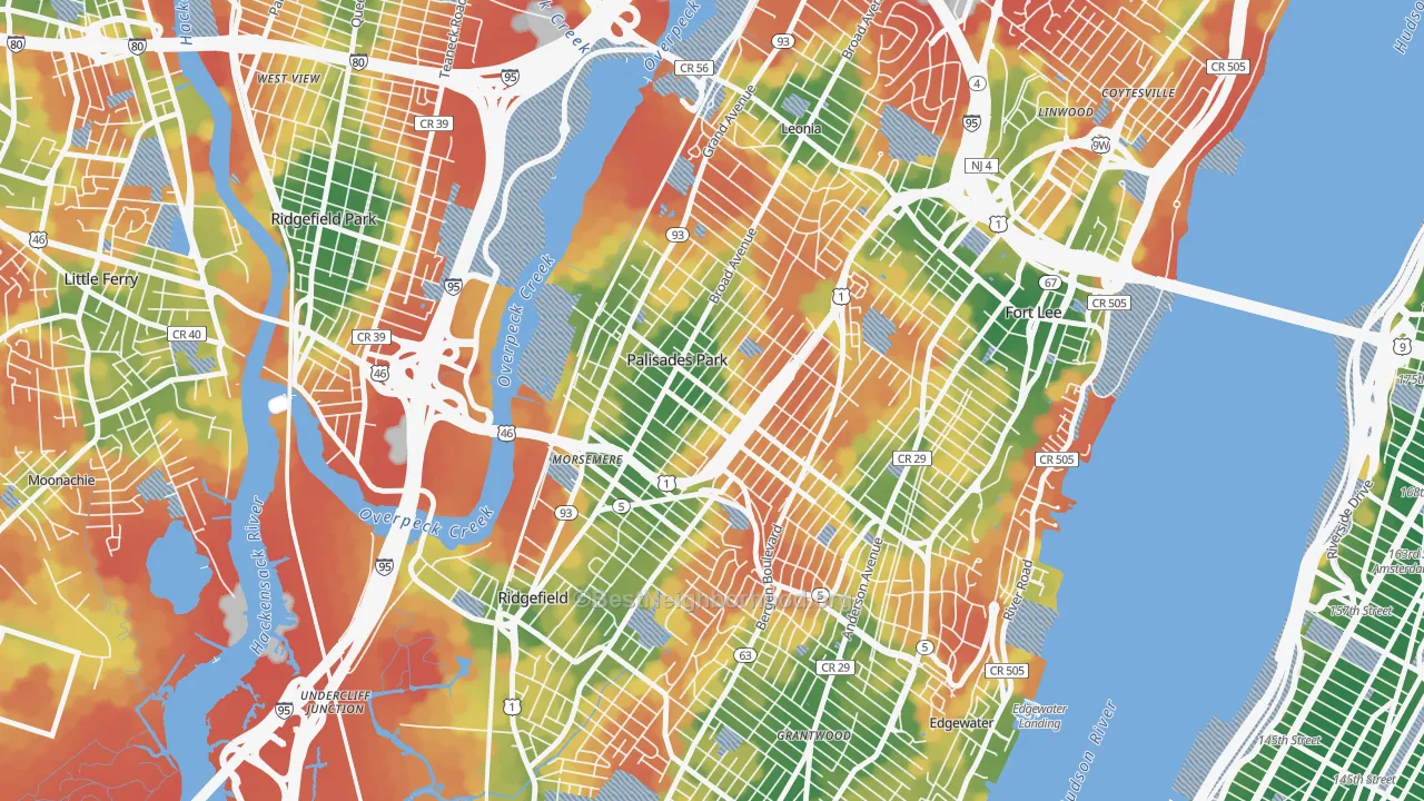 Walk Grade map of Palisades Park, NJ, walkable areas in green and car-dependent areas in red