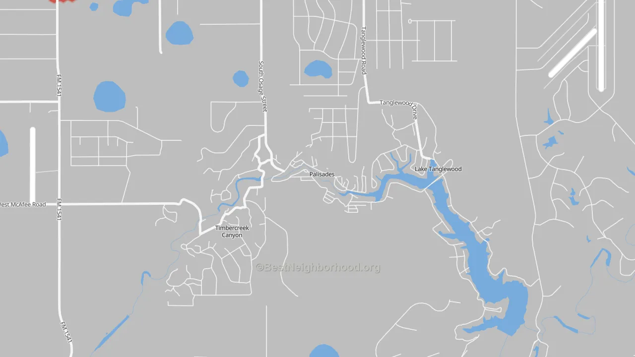 Walk Grade map of Palisades, TX, walkable areas in green and car-dependent areas in red
