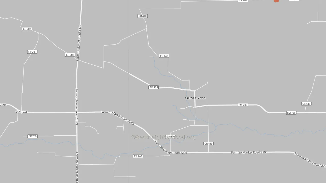 Walk Grade map of Palito Blanco, TX, walkable areas in green and car-dependent areas in red