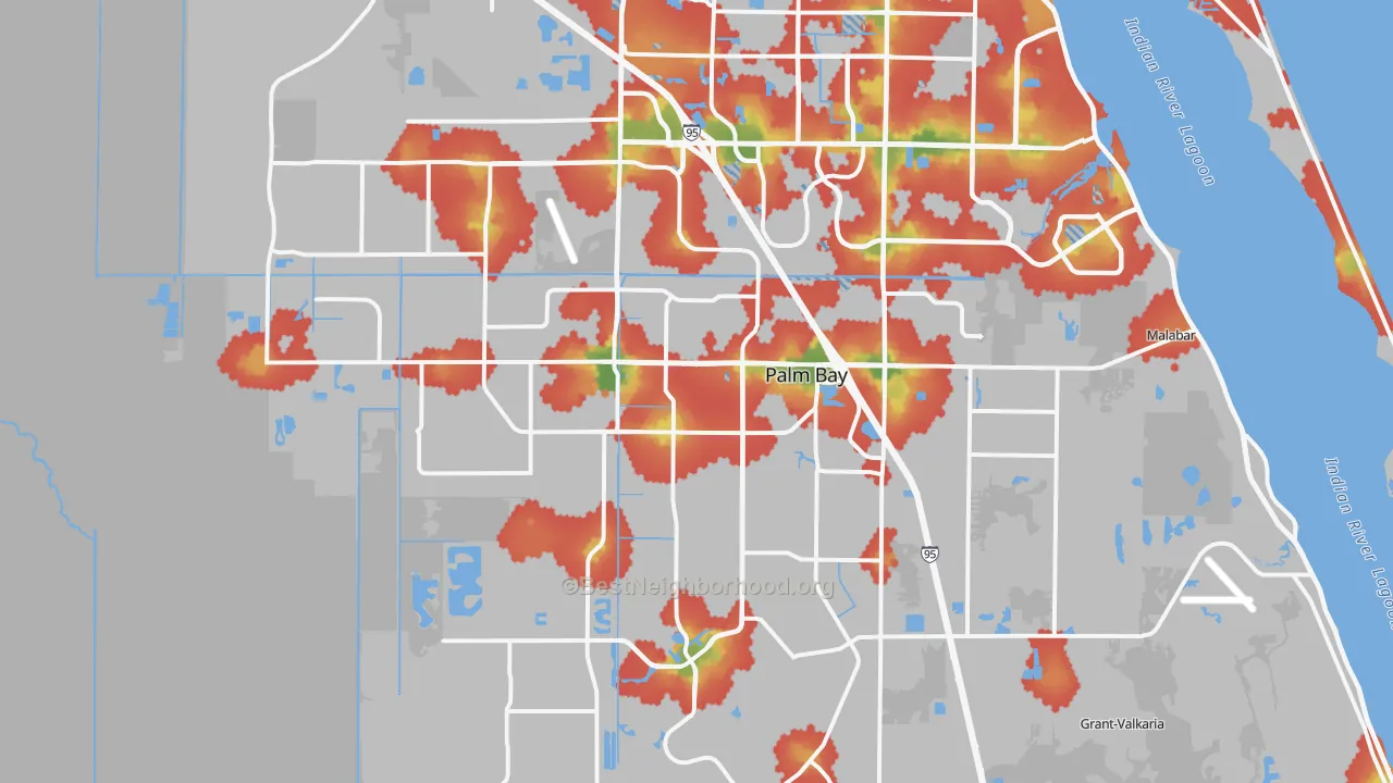 Walk Grade map of Palm Bay, FL, walkable areas in green and car-dependent areas in red