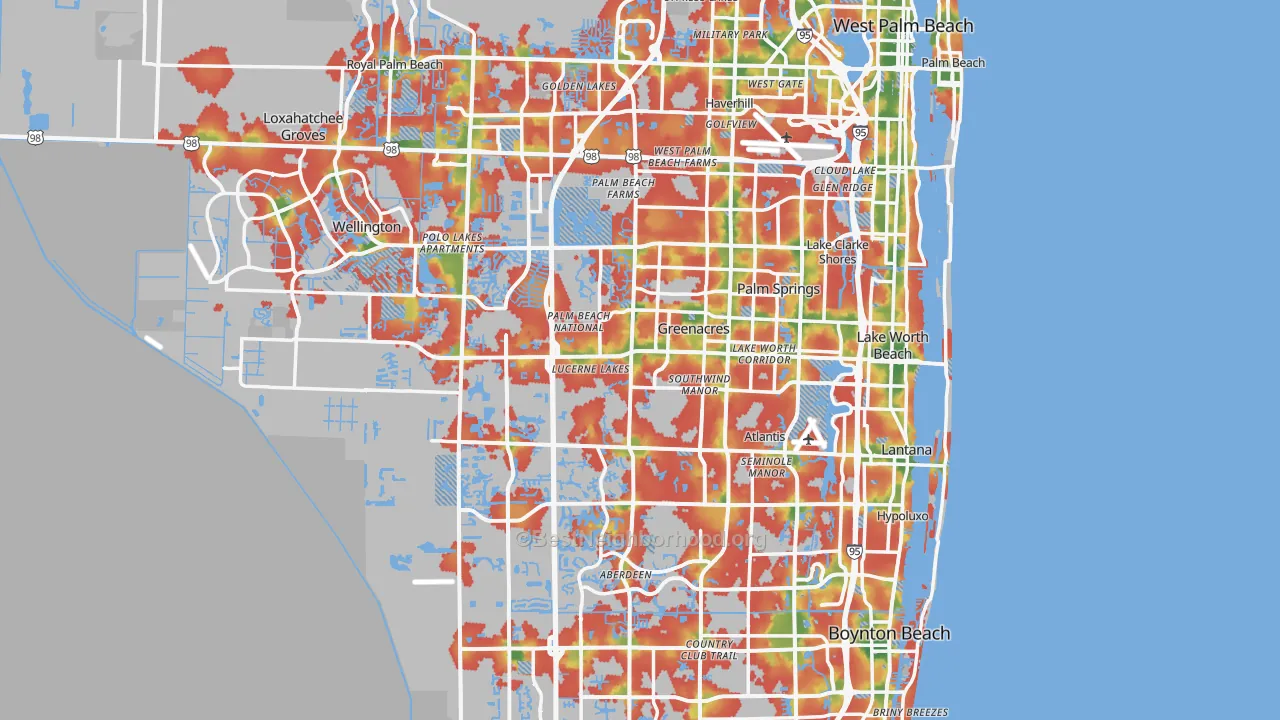 Walk Grade map of Palm Beach County, FL, walkable areas in green and car-dependent areas in red