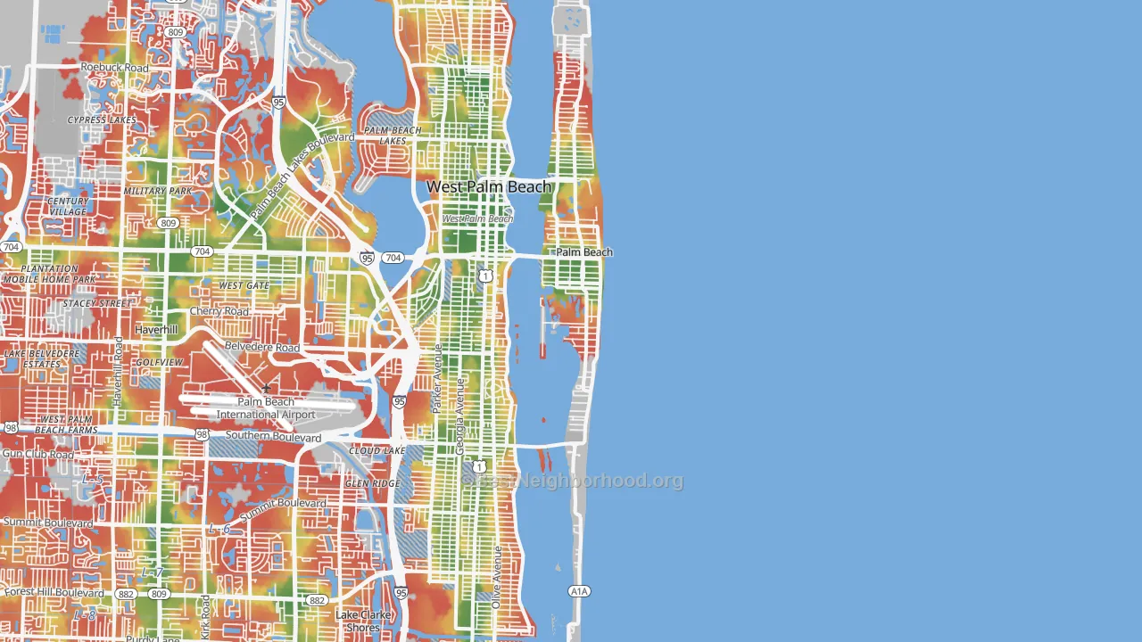 Walk Grade map of Palm Beach, FL, walkable areas in green and car-dependent areas in red