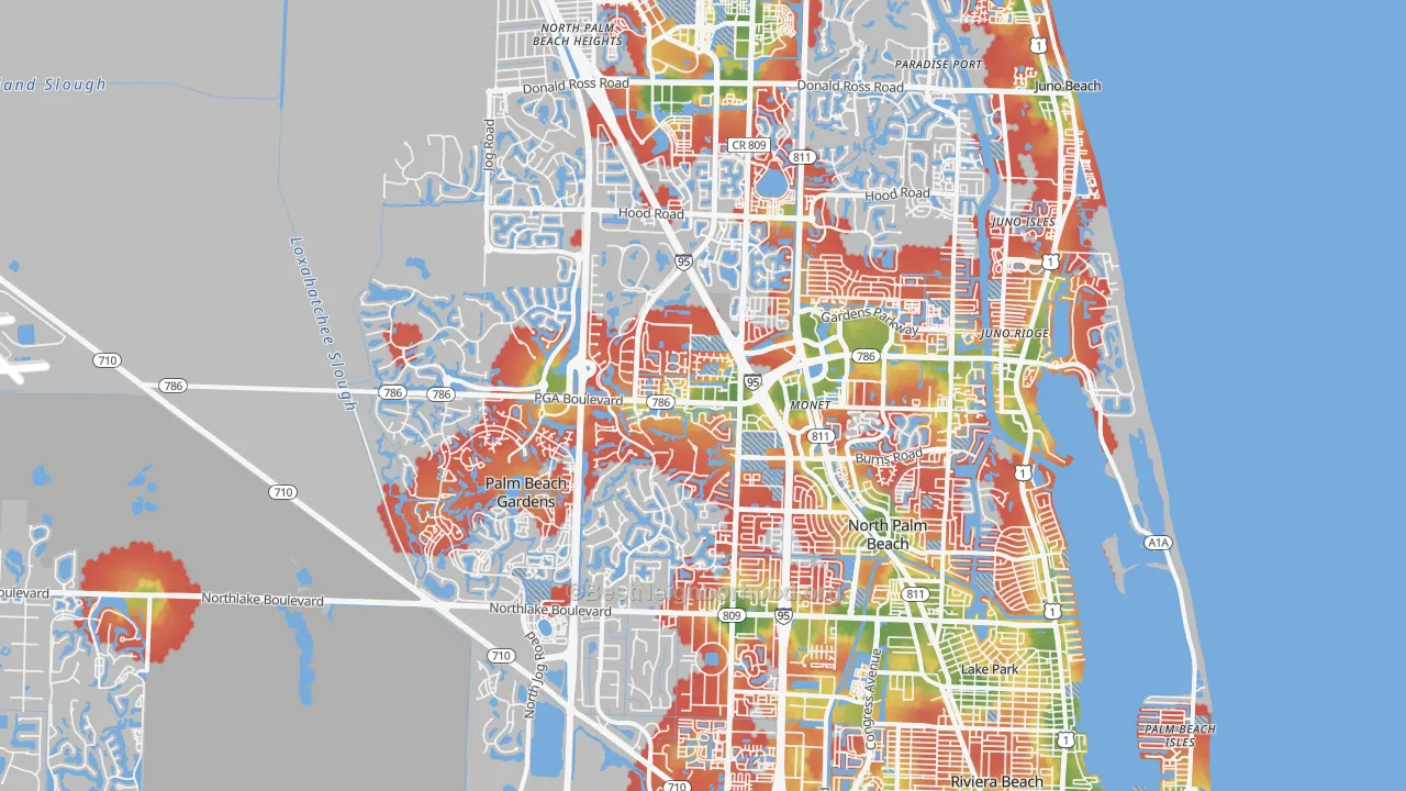 Walk Grade map of Palm Beach Gardens, FL, walkable areas in green and car-dependent areas in red
