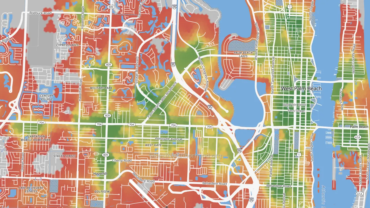 Walk Grade map of Palm Beach Lakes, West Palm Beach, FL, walkable areas in green and car-dependent areas in red
