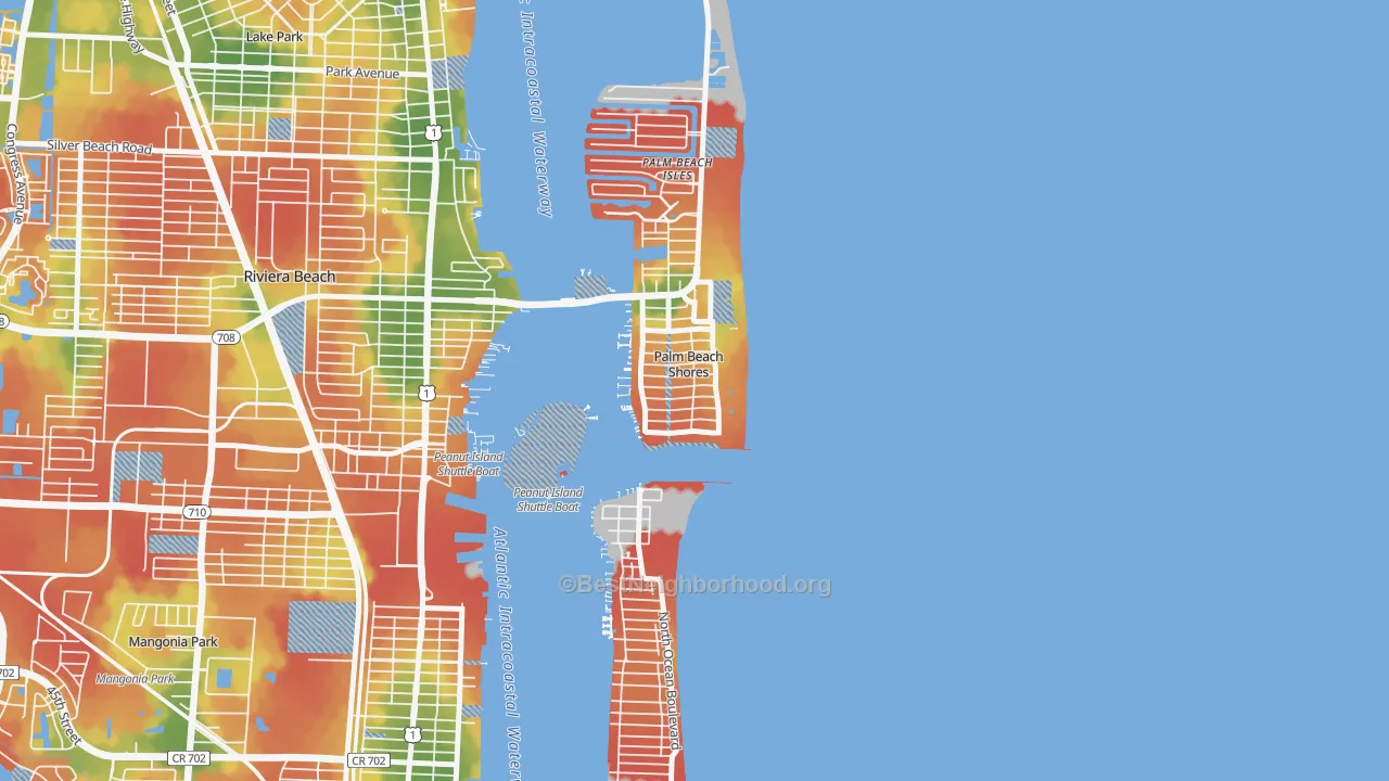 Walk Grade map of Palm Beach Shores, FL, walkable areas in green and car-dependent areas in red
