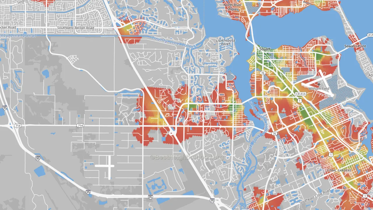 Walk Grade map of Palm City, FL, walkable areas in green and car-dependent areas in red
