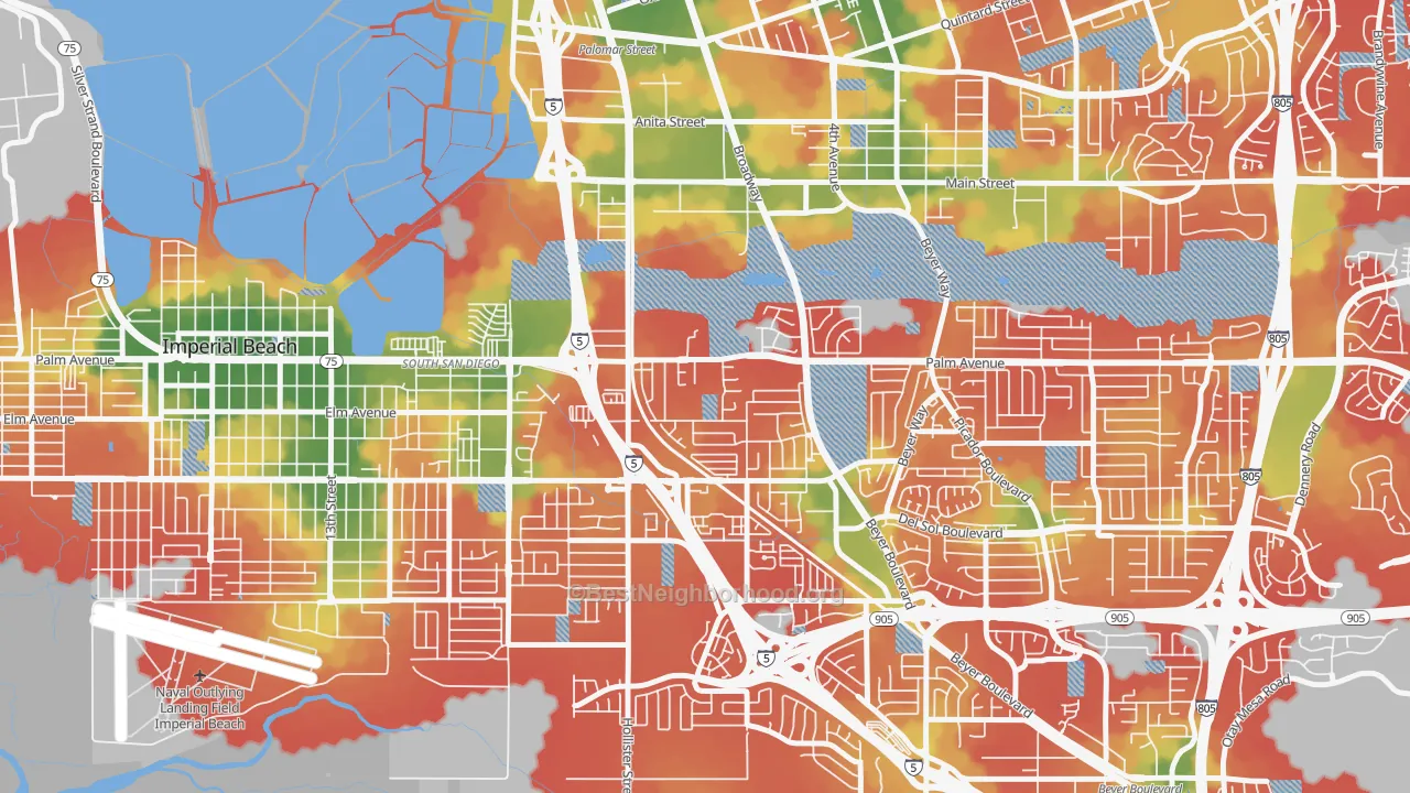 Walk Grade map of Palm City, San Diego, CA, walkable areas in green and car-dependent areas in red