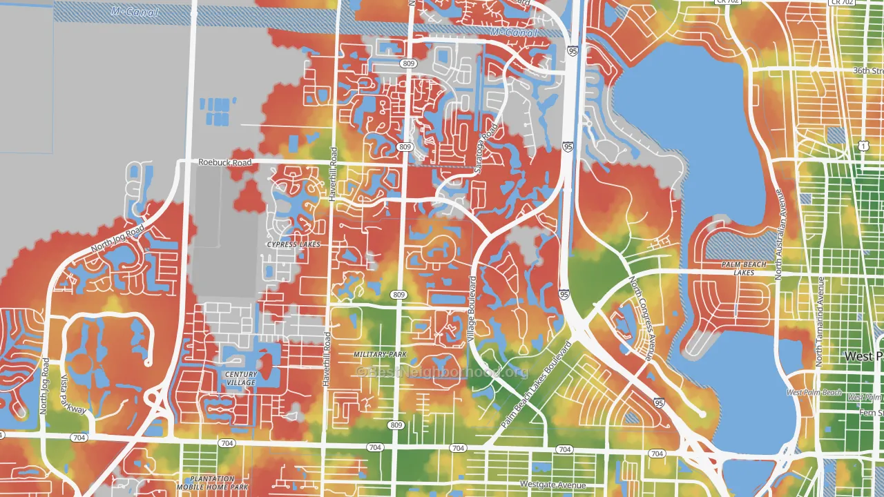Walk Grade map of Palm Club Village, West Palm Beach, FL, walkable areas in green and car-dependent areas in red
