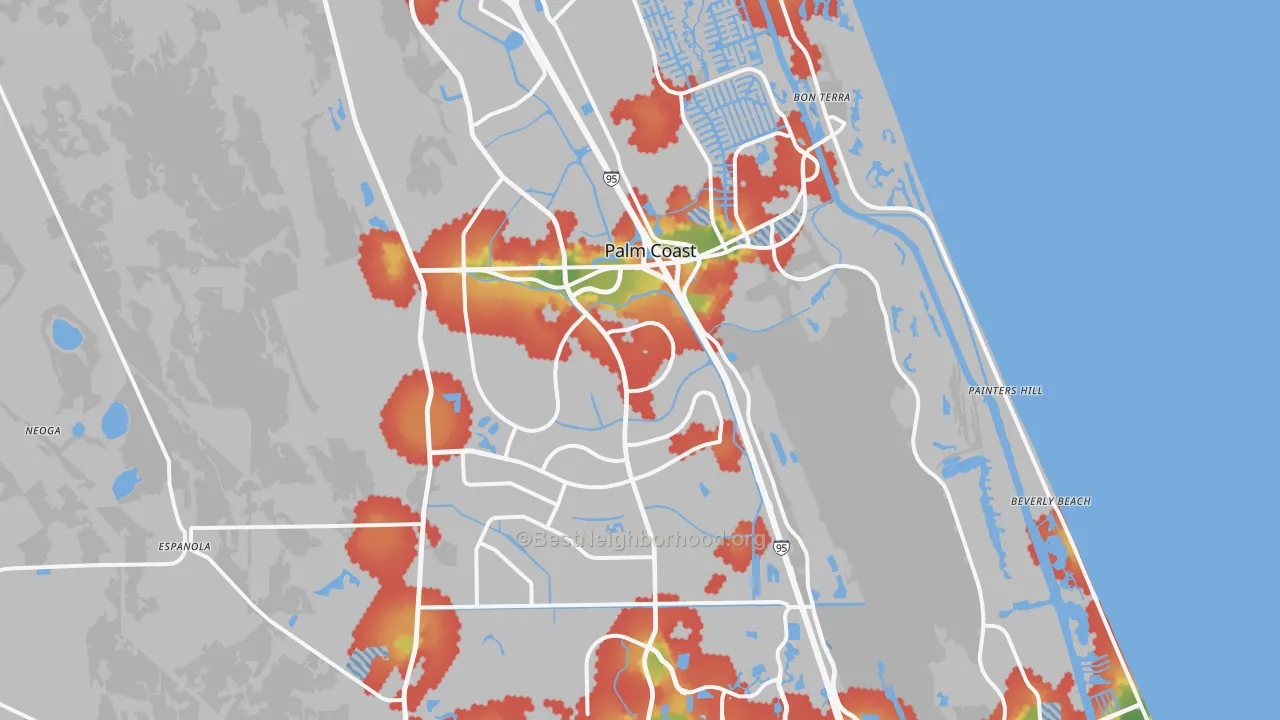 Walk Grade map of Palm Coast, FL, walkable areas in green and car-dependent areas in red