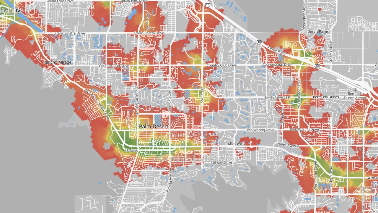 Walk Grade map of Palm Desert, CA, walkable areas in green and car-dependent areas in red