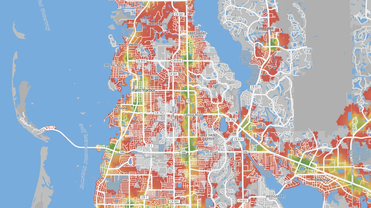 Walk Grade map of Palm Harbor, FL, walkable areas in green and car-dependent areas in red