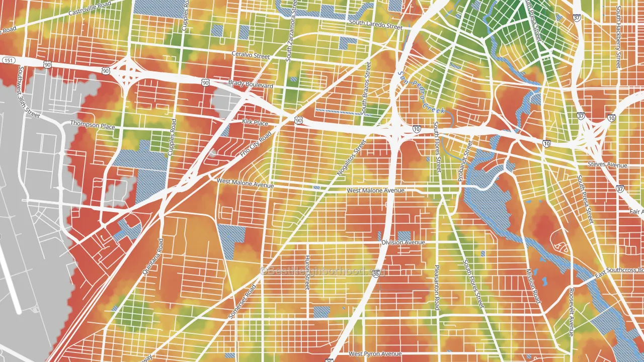 Walk Grade map of Palm Heights, San Antonio, TX, walkable areas in green and car-dependent areas in red