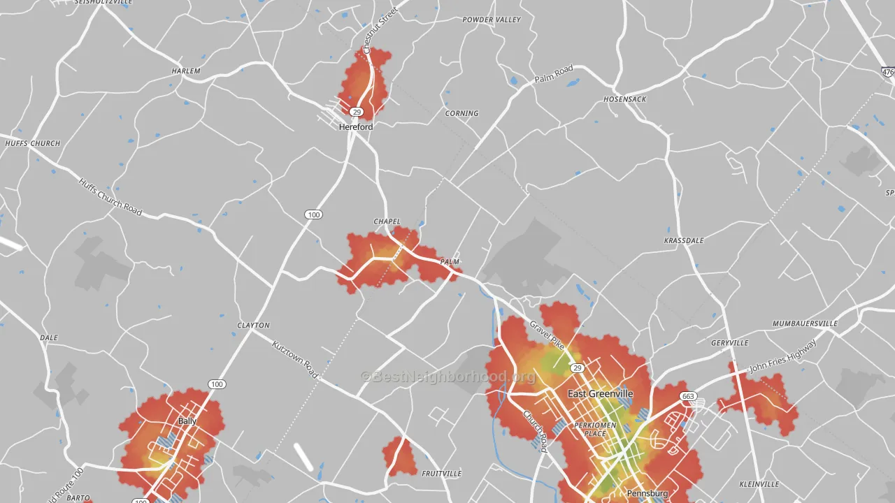 Walk Grade map of Palm, PA, walkable areas in green and car-dependent areas in red