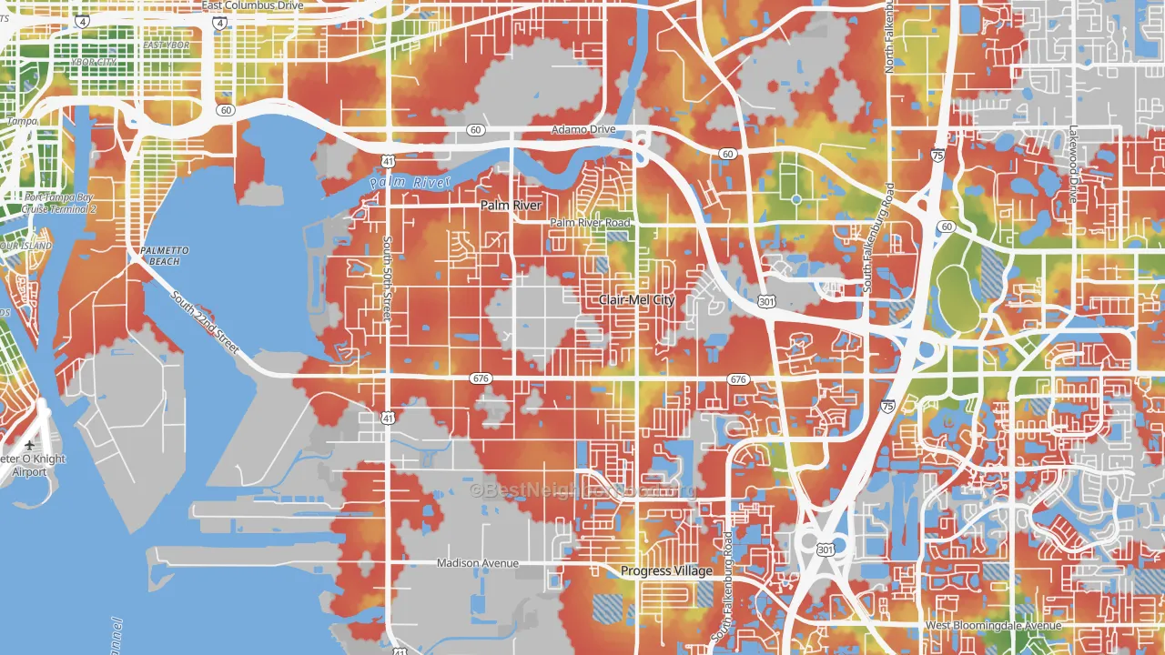 Walk Grade map of Palm River-Clair Mel, FL, walkable areas in green and car-dependent areas in red