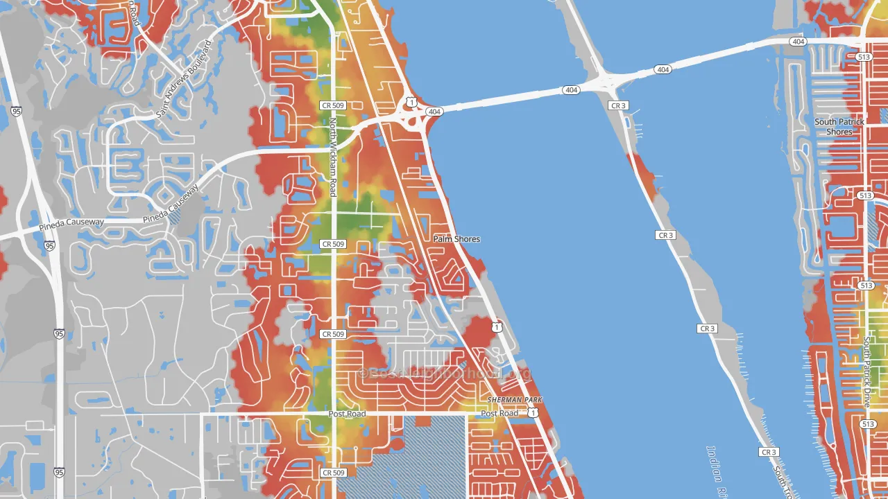 Walk Grade map of Palm Shores, FL, walkable areas in green and car-dependent areas in red