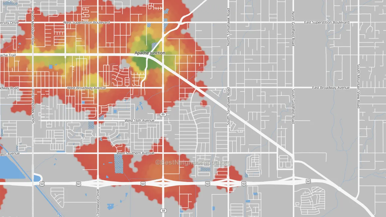 Walk Grade map of Palm Springs, Apache Junction, AZ, walkable areas in green and car-dependent areas in red