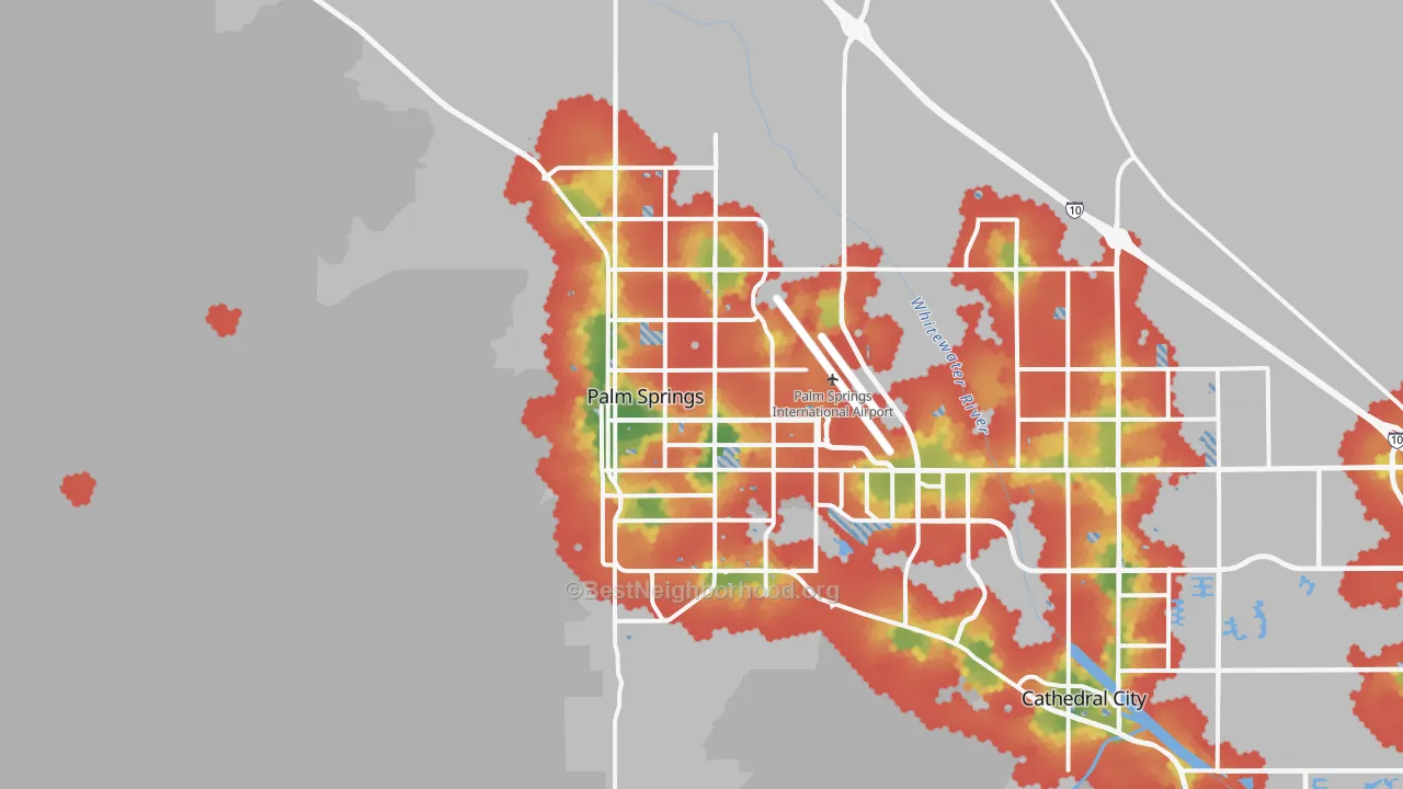 Walk Grade map of Palm Springs, CA, walkable areas in green and car-dependent areas in red