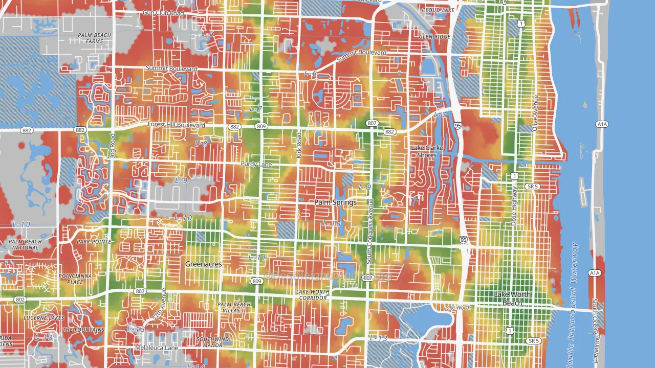 Walk Grade map of Palm Springs, FL, walkable areas in green and car-dependent areas in red