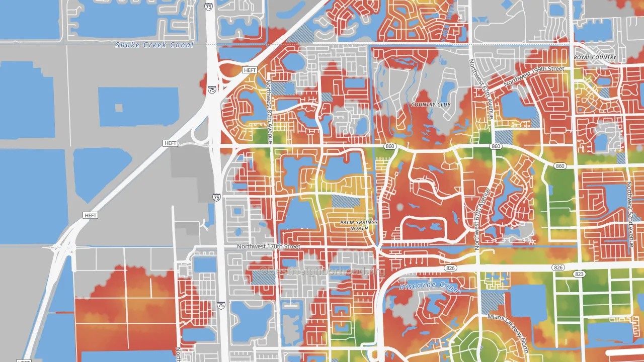 Walk Grade map of Palm Springs North, Hialeah, FL, walkable areas in green and car-dependent areas in red