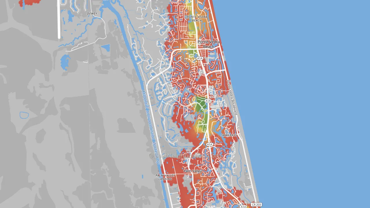 Walk Grade map of Palm Valley, FL, walkable areas in green and car-dependent areas in red